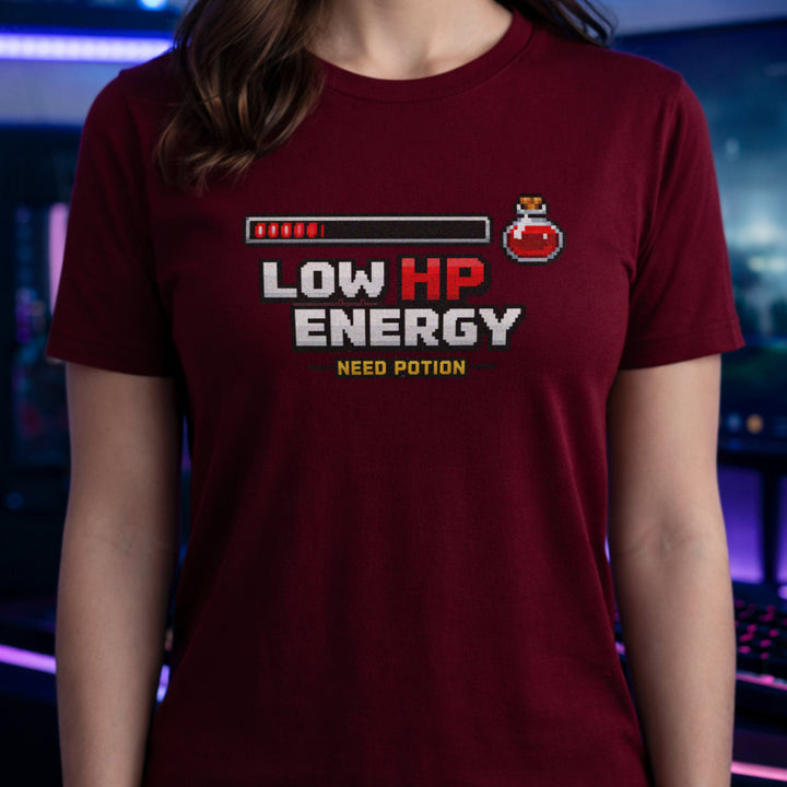 Translation missing: en.Cardinal red cotton tee health bar and potion graphic with text, LOW HP ENERGY NEED POTION 