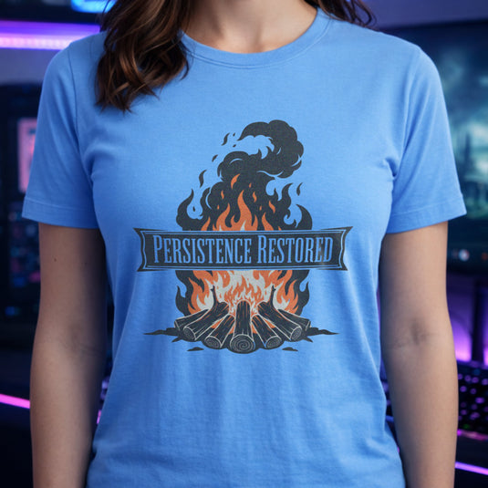 Translation missing: en.Carolina blue unisex cotton tee. Bonfire graphic with text, PERSISTANCE RESTORED  