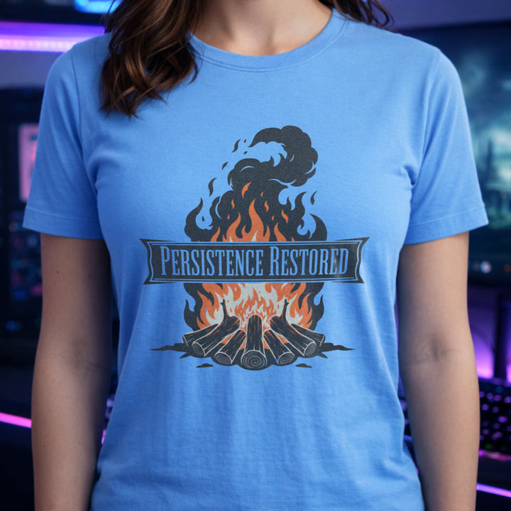 Translation missing: en.Carolina blue unisex cotton tee. Bonfire graphic with text, PERSISTANCE RESTORED  