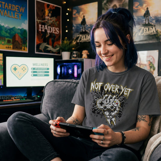 Translation missing: en.Charcoal cotton tee with bone hand holding gamepad graphic text 'Not Over Yet'