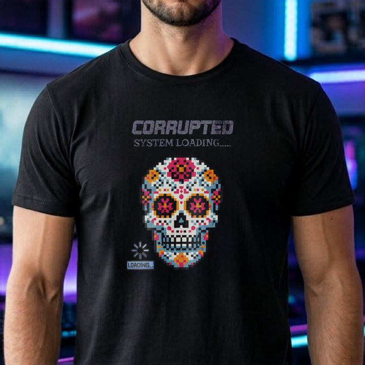 Translation missing: en.Black t-shirt graphic with pixel art sugar skull reading Corrupted System Loading and a spinning load icon