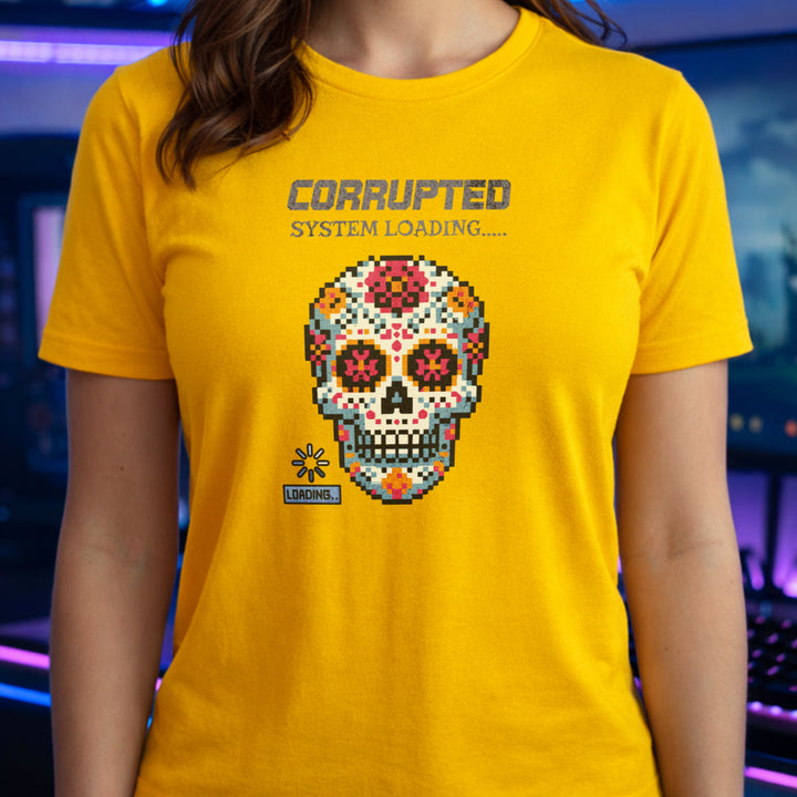 Translation missing: en.Daisy t-shirt graphic with pixel art sugar skull reading Corrupted System Loading and a spinning load icon
