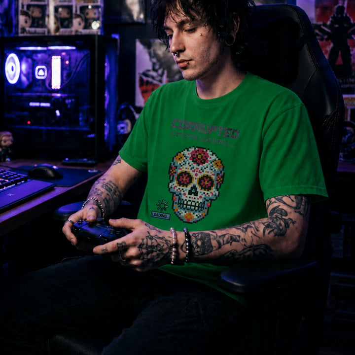 Translation missing: en.Irish green t-shirt graphic with pixel art sugar skull reading Corrupted System Loading and a spinning load icon