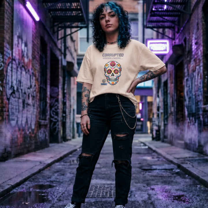 Translation missing: en.Natural t-shirt graphic with pixel art sugar skull reading Corrupted System Loading and a spinning load icon