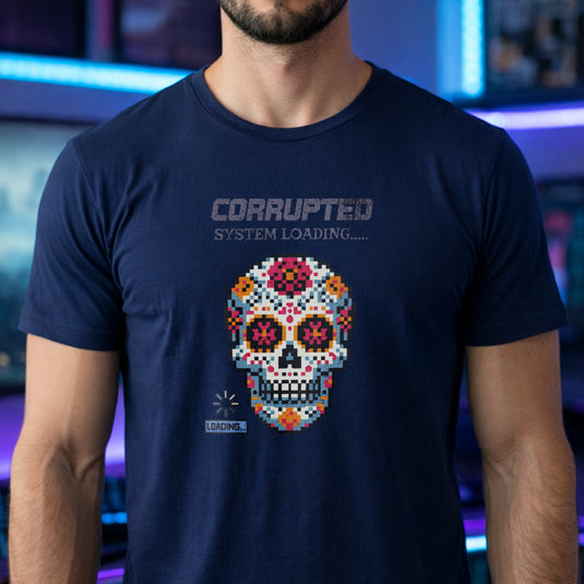Translation missing: en.Navy t-shirt graphic with pixel art sugar skull reading Corrupted System Loading and a spinning load icon