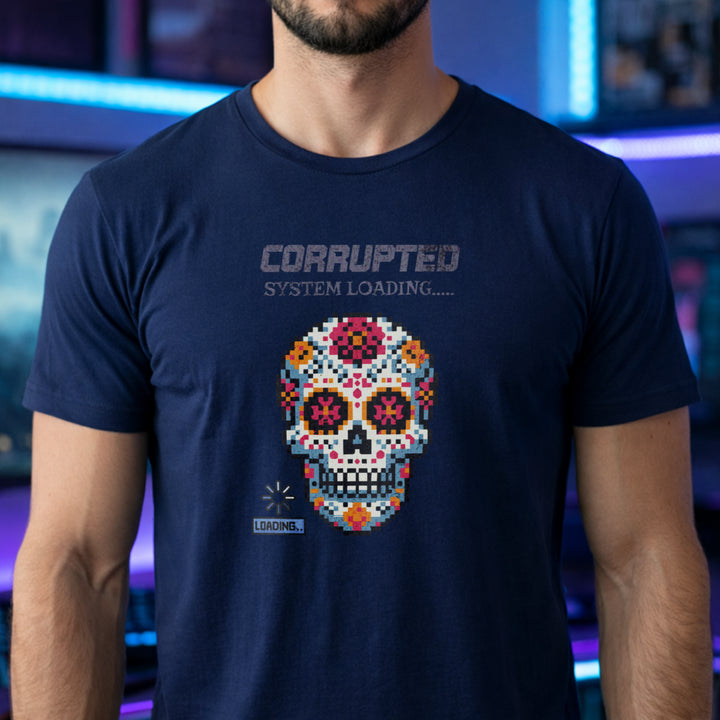 Translation missing: en.Navy t-shirt graphic with pixel art sugar skull reading Corrupted System Loading and a spinning load icon