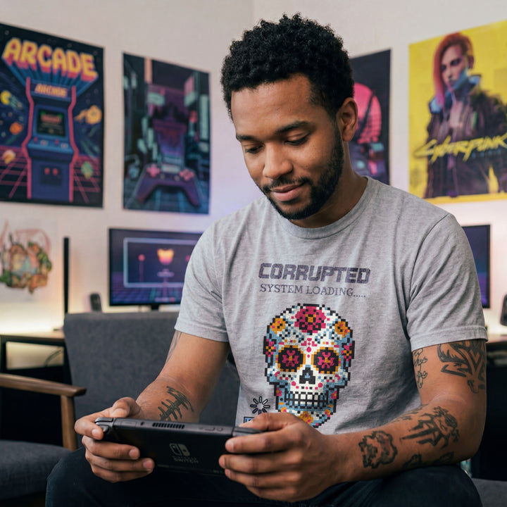 Translation missing: en.Sports grey t-shirt graphic with pixel art sugar skull reading Corrupted System Loading and a spinning load icon