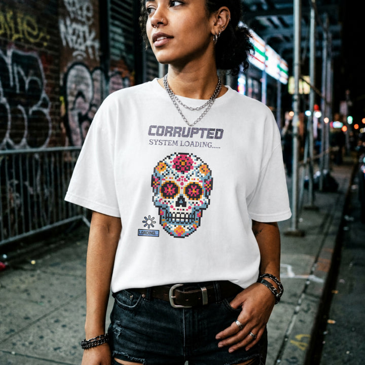Translation missing: en.White t-shirt graphic with pixel art sugar skull reading Corrupted System Loading and a spinning load icon