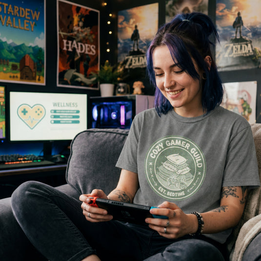 Translation missing: en.Graphite heather t-shirt with a green badge showing stacked pillows, a controller, and text Cozy Gamer Guild Est. Bedtime