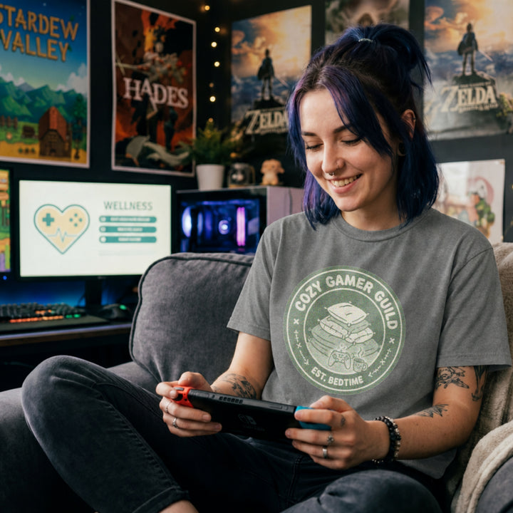 Translation missing: en.Graphite heather t-shirt with a green badge showing stacked pillows, a controller, and text Cozy Gamer Guild Est. Bedtime