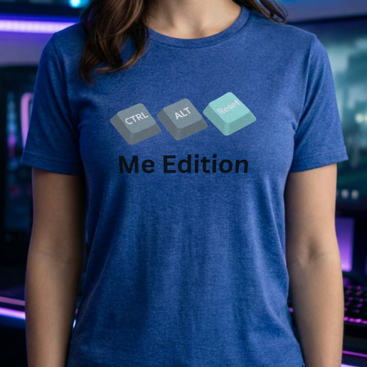 Translation missing: en.Heather royal t-shirt graphic with Ctrl, Alt, and Reset computer keyboard keys over text reading Me Edition