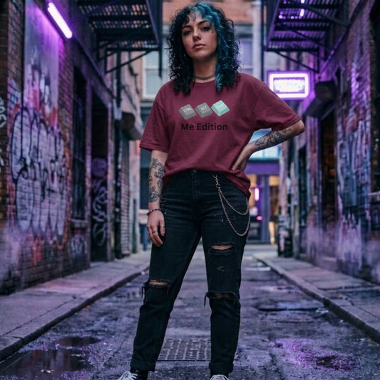 Translation missing: en.Maroon t-shirt graphic with Ctrl, Alt, and Reset computer keyboard keys over text reading Me Edition