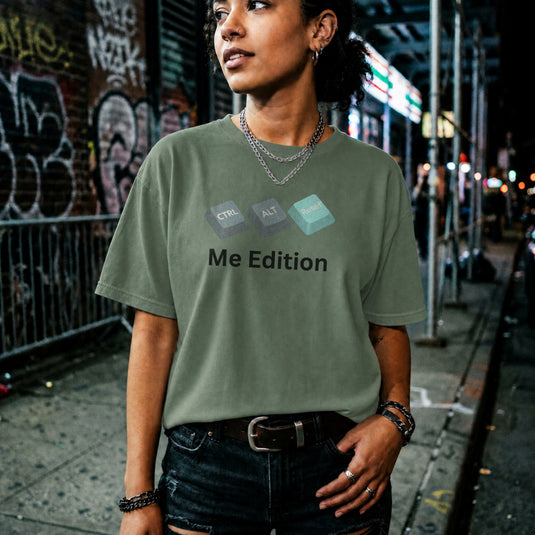 Translation missing: en.Military t-shirt graphic with Ctrl, Alt, and Reset computer keyboard keys over text reading Me Edition