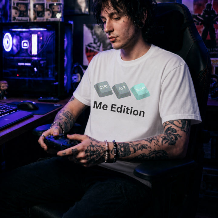 Translation missing: en.White t-shirt graphic with Ctrl, Alt, and Reset computer keyboard keys over text reading Me Edition