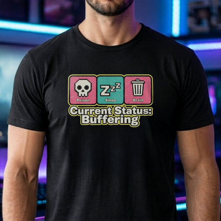 Translation missing: en.Black Retro pixel art tee with Poison, Sleep, Brain icons and text reading Current Status Buffering for gamers