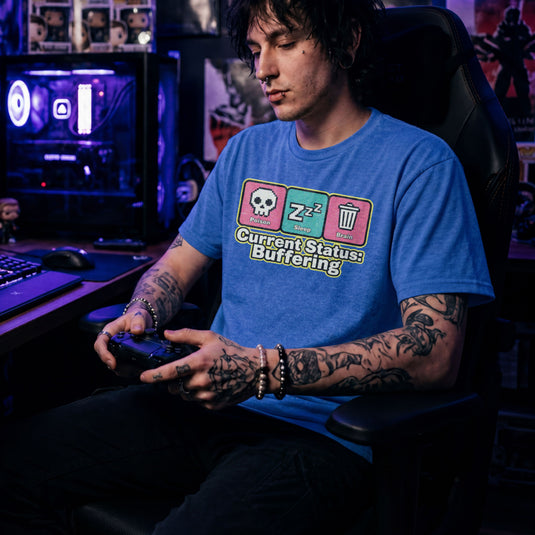 Translation missing: en.Heather royal Retro pixel art tee with Poison, Sleep, Brain icons and text reading Current Status Buffering for gamers