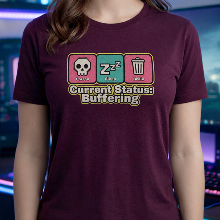 Translation missing: en.Maroon Retro pixel art tee with Poison, Sleep, Brain icons and text reading Current Status Buffering for gamers