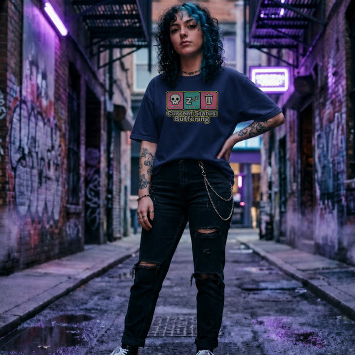 Translation missing: en.Navy Retro pixel art tee with Poison, Sleep, Brain icons and text reading Current Status Buffering for gamers