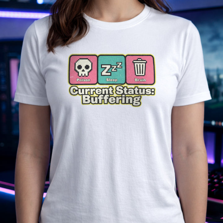 Translation missing: en.White Retro pixel art tee with Poison, Sleep, Brain icons and text reading Current Status Buffering for gamers