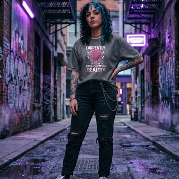 Translation missing: en.Graphite Heather tee with a pink heart cartoon wearing sunglasses, ripping a controller, and Rage-Quitting Reality text