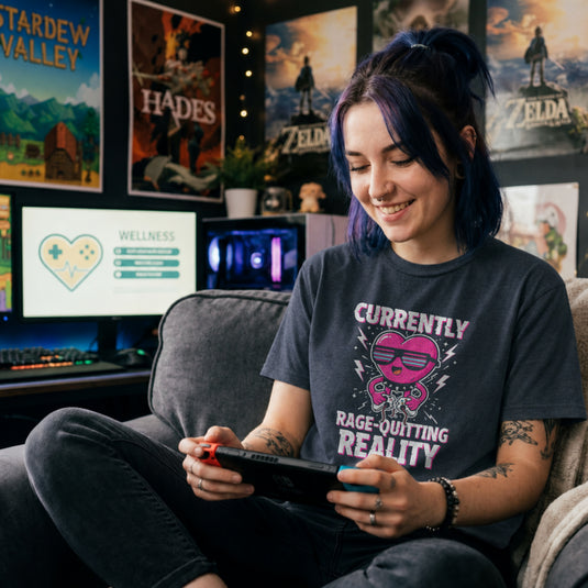 Translation missing: en.Heather navy tee with a pink heart cartoon wearing sunglasses, ripping a controller, and Rage-Quitting Reality text