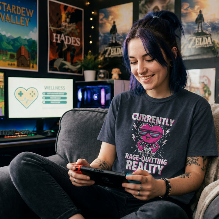 Translation missing: en.Heather navy tee with a pink heart cartoon wearing sunglasses, ripping a controller, and Rage-Quitting Reality text