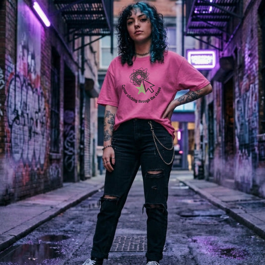 Translation missing: en.Azalea tee with a large mouse cursor clicking a green star beneath a scribble, reading Cursor clicking through the chaos