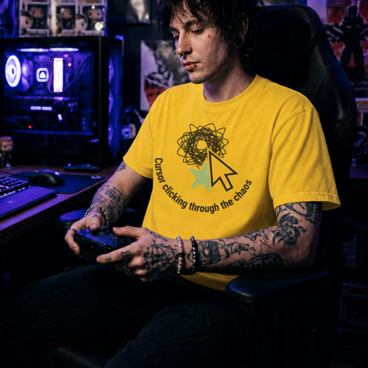 Translation missing: en.Daisy tee with a large mouse cursor clicking a green star beneath a scribble, reading Cursor clicking through the chaos