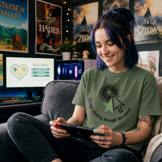 Translation missing: en.Military green tee with a large mouse cursor clicking a green star beneath a scribble, reading Cursor clicking through the chaos