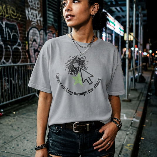 Translation missing: en.Sports grey tee with a large mouse cursor clicking a green star beneath a scribble, reading Cursor clicking through the chaos