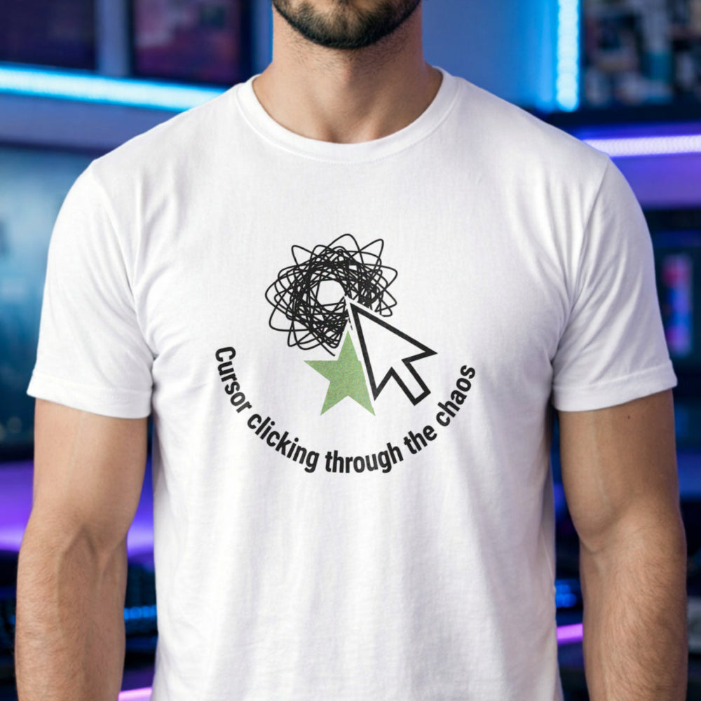 Translation missing: en.Alt n Vibe white tee with a large mouse cursor clicking a green star beneath a scribble, reading Cursor clicking through the chaos