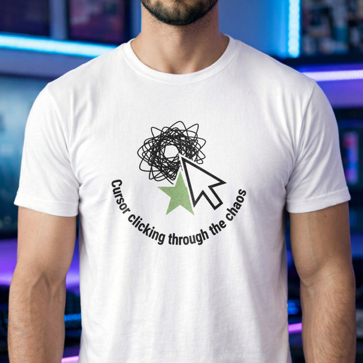 Translation missing: en.White tee with a large mouse cursor clicking a green star beneath a scribble, reading Cursor clicking through the chaos