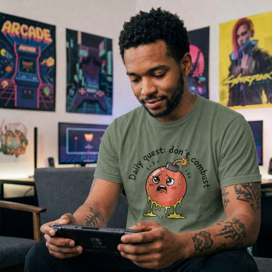 Translation missing: en.Military green tee with cute sweating cartoon bomb graphic reading Daily quest: don't combust