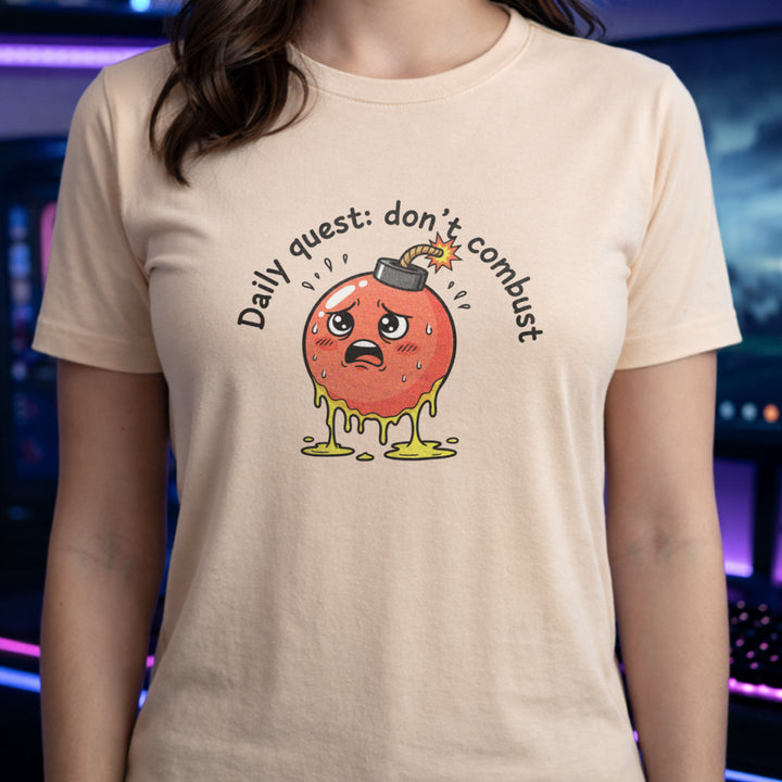 Translation missing: en.Natural tee with cute sweating cartoon bomb graphic reading Daily quest: don't combust