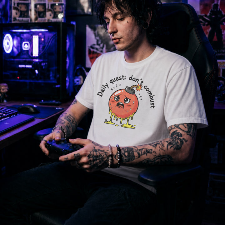 Translation missing: en.White tee with cute sweating cartoon bomb graphic reading Daily quest: don't combust