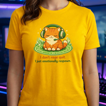 Translation missing: en.Daisy cotton tee laid-back orange cat with headphones graphic text, "I don't rage quit I just emotionally respawn