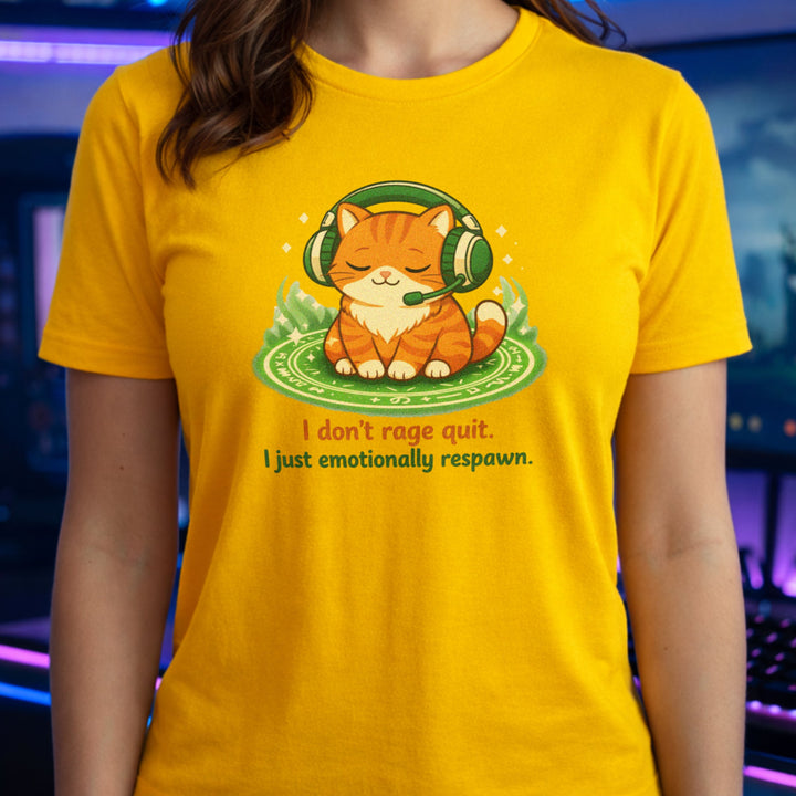 Translation missing: en.Daisy cotton tee laid-back orange cat with headphones graphic text, "I don't rage quit I just emotionally respawn