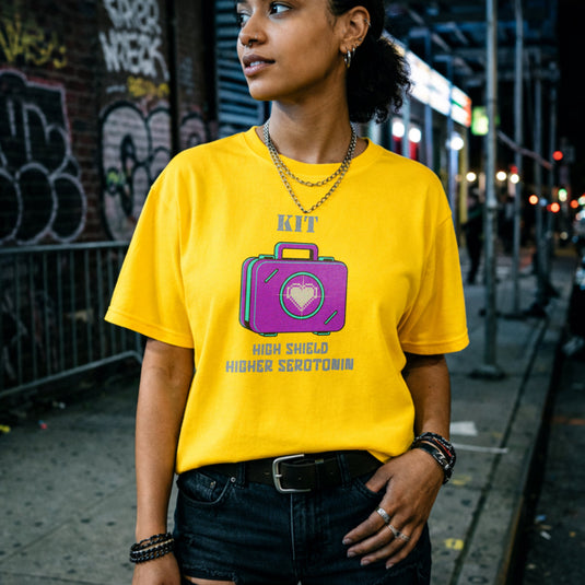 Translation missing: en.Daisy cotton tee with heart loot drop case graphic and text, HIGH SHIELD HIGHER SEROTONIN