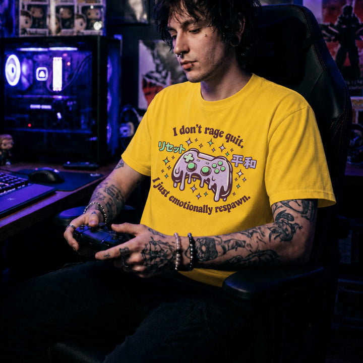 Translation missing: en.Daisy t-shirt with a melting pastel purple controller and sparkles reading I don't rage quit I just emotionally respawn