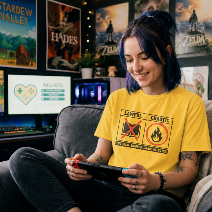 Translation missing: en.Daisy Cotton t-shirt with a Lawful vs Chaotic grid graphic reading Tutorial Skipped. Chaos Selected 