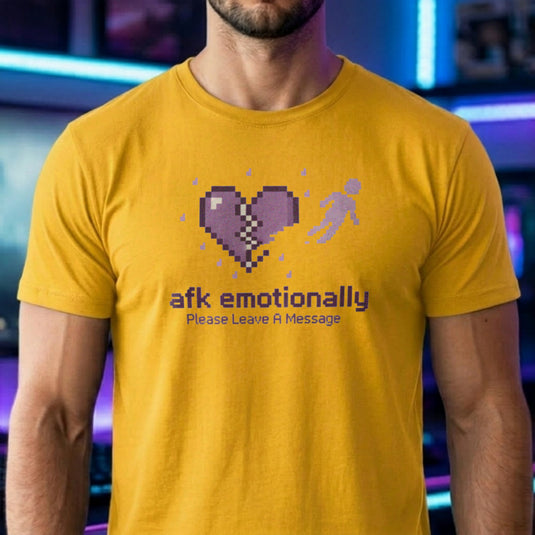 Translation missing: en.Daisy cotton tee with pixel art broken heart and text AFK EMOTIONALLY Please leave a message" 