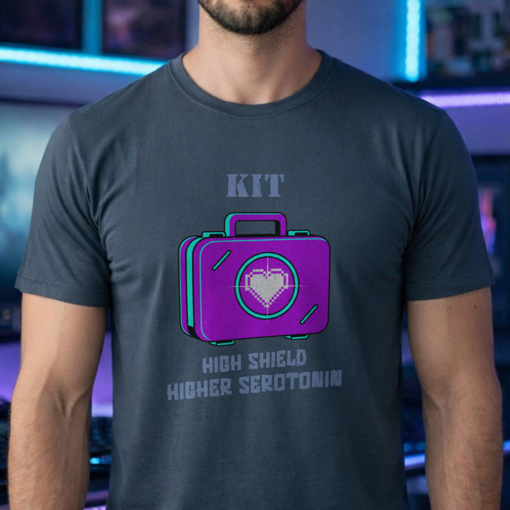 Translation missing: en.Alt n Vibe dark heather cotton tee with heart loot drop case graphic and text, HIGH SHIELD HIGHER SEROTONIN