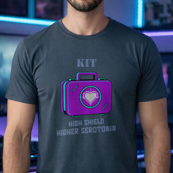 Translation missing: en.Dark heather cotton tee with heart loot drop case graphic and text, HIGH SHIELD HIGHER SEROTONIN