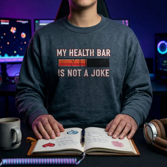 Translation missing: en.Dark Heather Crewneck Sweatshirt Health Bar graphic Reading, My Health Bar Not A Joke
