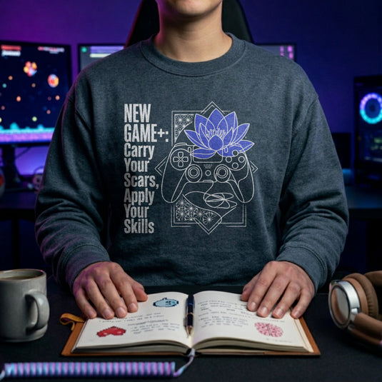 Translation missing: en.Dark Heather Crewneck Sweatshirt  Gamer Controller serene blue lotus Graphic With Text, New Game Plus