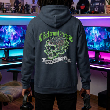 Translation missing: en.Dark Heather Back Print Pullover Hoodie Overheating Skull Text Reading 47 Background Processes 