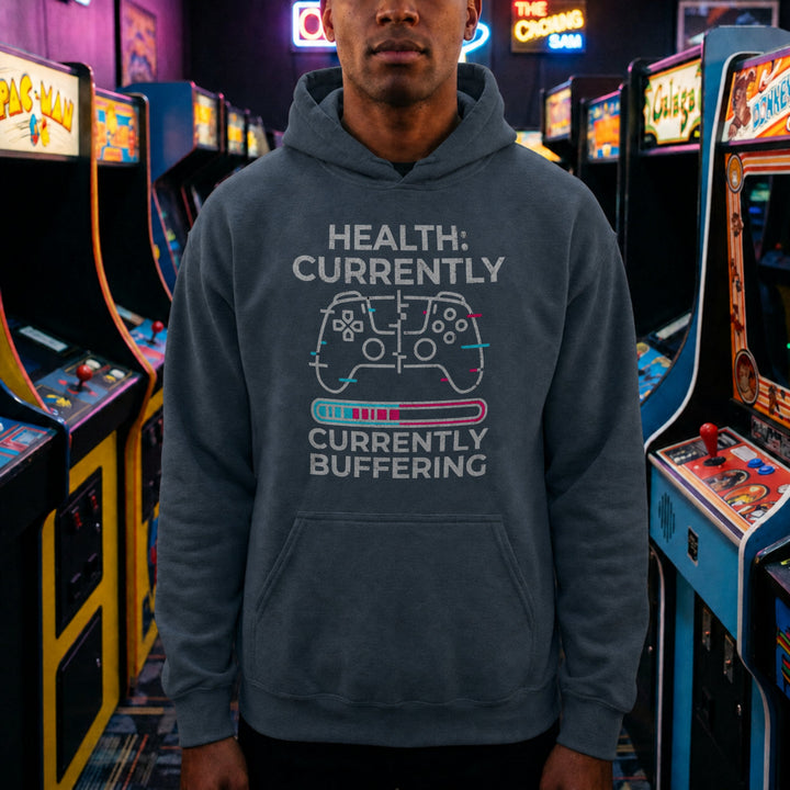 Translation missing: en.Dark Heather Glitch Controller Gamer Graphic Pullover Hoodie Text, Reading Health Currently Buffering