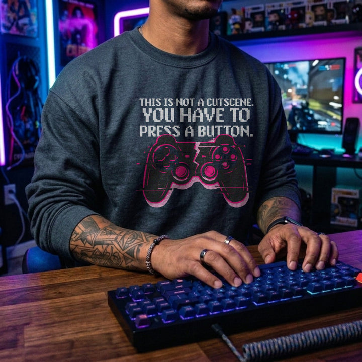 Translation missing: en.Dar Heather Crewneck Sweatshirt Gamepad Graphic Text Reading, This Is Not a Cutscene Gaming 
