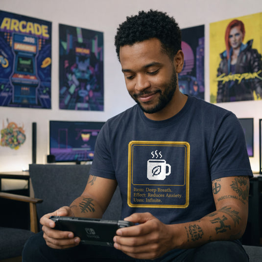 Translation missing: en.Heather navy shirt with a pixel art mug inside a gold box reading Item: Deep Breath, Effect: Reduces Anxiety, Uses: Infinite