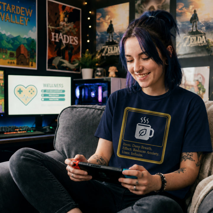 Translation missing: en.Navy shirt with a pixel art mug inside a gold box reading Item: Deep Breath, Effect: Reduces Anxiety, Uses: Infinite